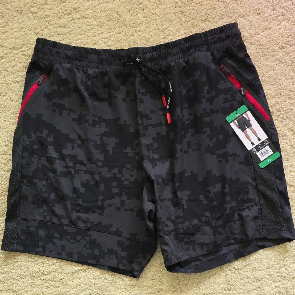 NWT: SPYDER Black Camo Athletic Shorts with Red Accents